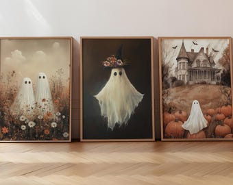 Set van 3 vintage spookprintables, halloweendecor, spookachtige cottagecore-afdrukken, boerderijgalerij, herfstspookschilderijtrio, herfst 10