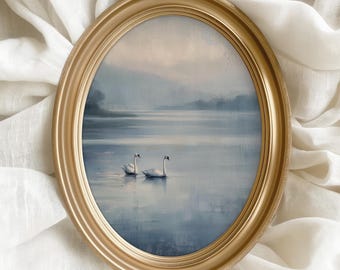Peaceful Lake with Ducks at Sunrise - Vintage Landscape Painting Printable, Coastal Nature Wall Art, Neutral Moody Decor for Home 350