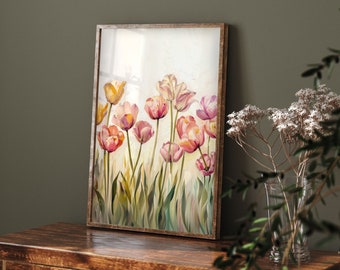 Campo de tulipanes / Pintura de pradera primaveral / Impresión vintage de paisaje floral suave / Arte mural de granja antigua / Descarga digital