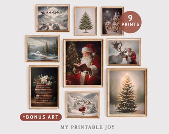 Vintage Christmas Gallery Wall Set | 9 Winter Holiday Prints | Rustic Farmhouse Digital Download | Moody Printable Art | Santa Claus Print