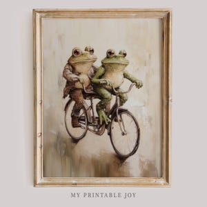 Stampa artistica da parete con divertenti amici rane, rospi colorati in bicicletta, opera d'arte con animali stravaganti, decorazione vintage per gli amanti delle rane e i fan di Booktok.