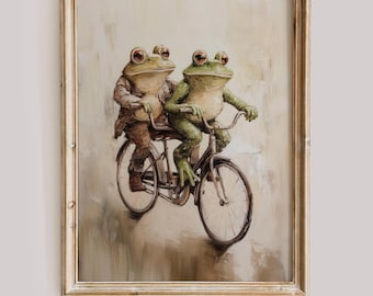Funny Frog Friends Wall Art Print Colorful Toads Bicycle Ride Whimsical Animal Artwork Vintage Decor for Frog Lovers and Booktok Fans