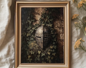 Knight’s Armor Overgrown with Vines - Gothic Warrior Helmet Wall Art, Rustic Medieval Nature Decor, Dark Academia Printable Painting 102