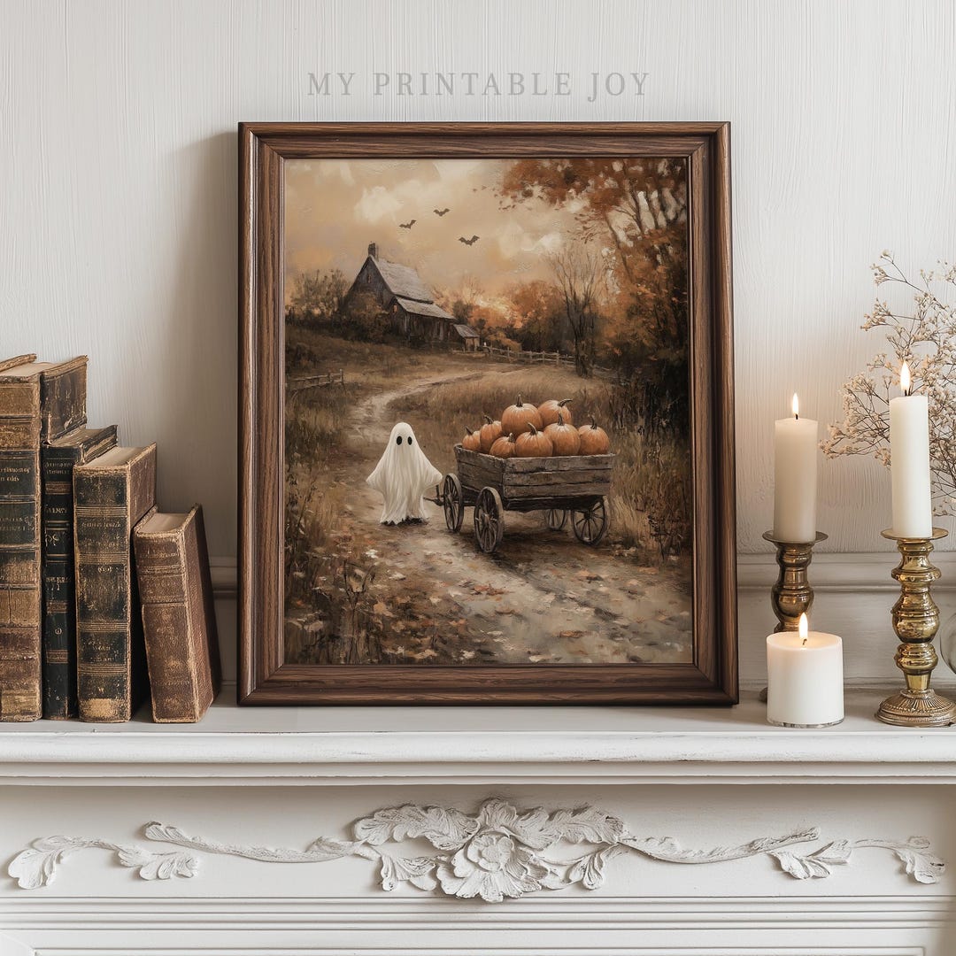 Vintage Halloween Ghost and Pumpkins - Rustic Autumn Landscape Art ...