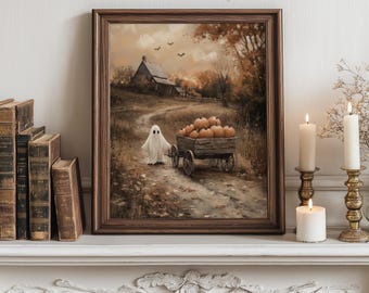 Vintage Halloween Ghost and Pumpkins - Rustic Autumn Landscape Art, Spooky Fall Decor, Cottagecore Printable Wall Art for Halloween 275