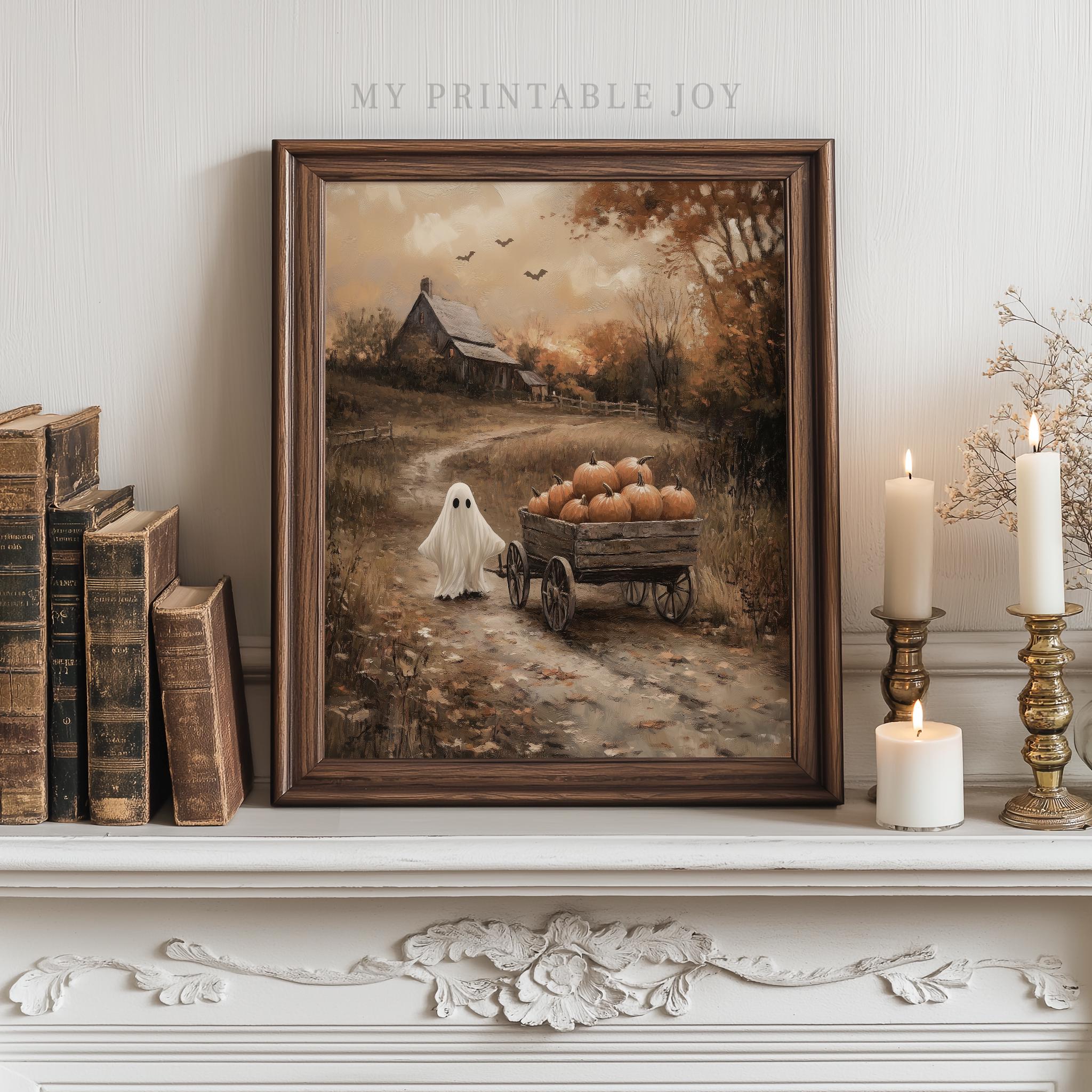 Vintage Halloween Ghost and Pumpkins - Rustic Autumn Landscape Art ...