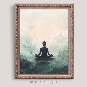 May include: A digital art print featuring a silhouette of a person meditating in a yoga pose against a watercolor background of blue and green hues.