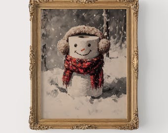 Vintage Snowman Toilet Paper Art - Cute Rustic Winter Printable Painting, Cozy Festive Decor, Antique Farmhouse Style, Humorous Wall Art 574