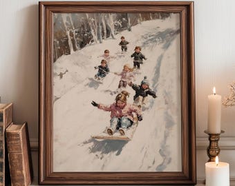 Vintage Children Sledding Down Snowy Hill - Cozy Winter Scene, Nostalgic Wall Art, Printable Family Decor, Digital Download 552