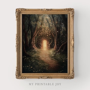 Può includere: Una stampa incorniciata di una scena di foresta con un sentiero che conduce a una luce brillante. L'opera presenta alberi scuri, un sentiero e globi luminosi. La cornice è ornata con una finitura dorata. Il testo "MY PRINTABLE JOY" è in basso.