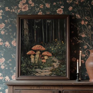Camino de hongos Bosque encantado - Arte mural de bosque otoñal Pintura de hadas estilo cottagecore Decoración rústica de otoño Bosque espeluznante imprimible 85 imagen 9