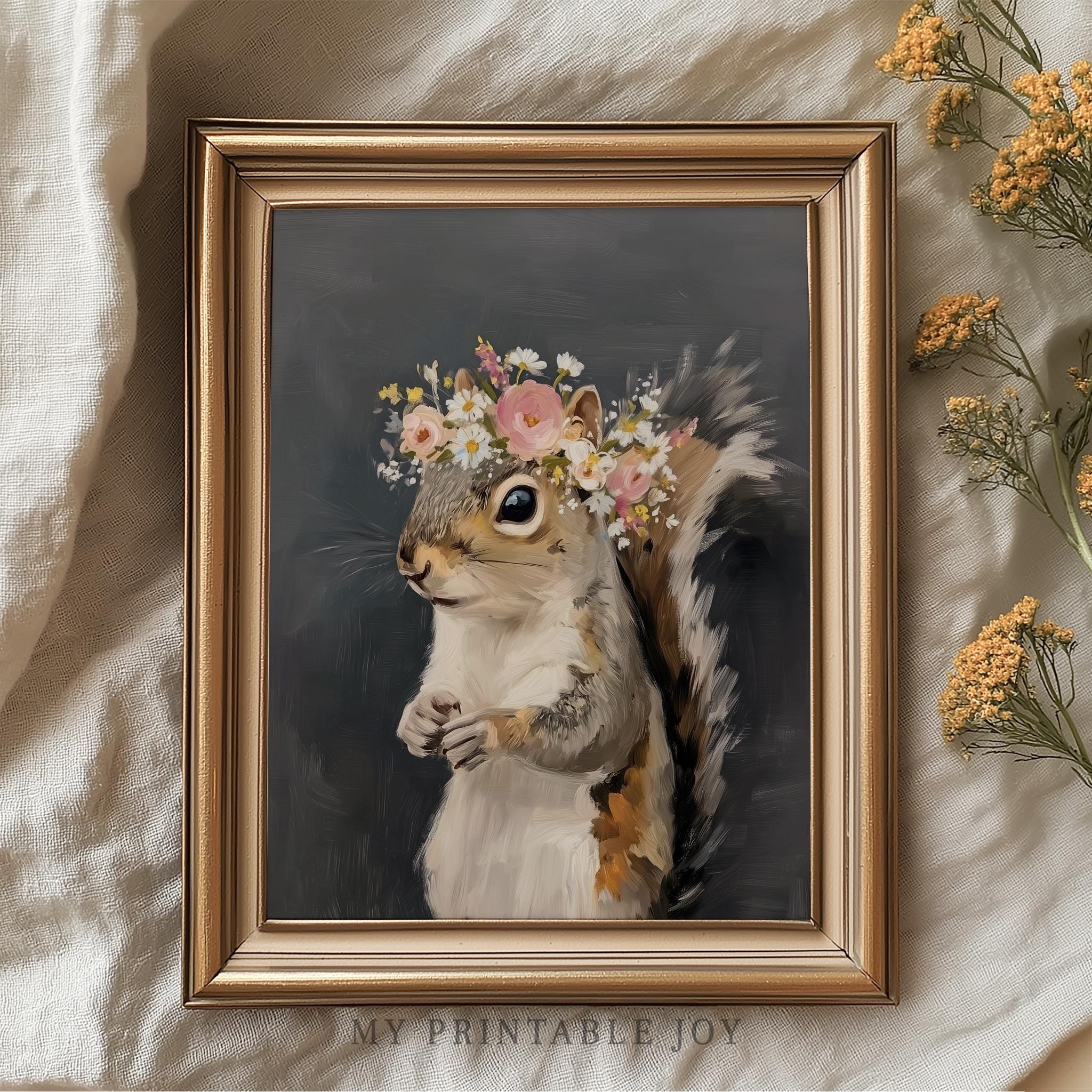 Boho Floral Squirrel Art – Cottagecore Woodland Animal Painting Rustic Nature Decor Fall Forest Wall Art Print 76