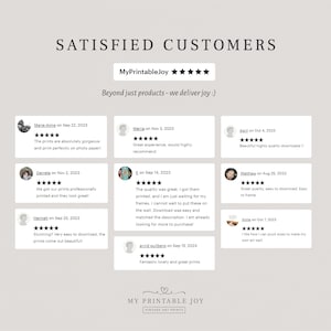 May include: A collage of customer reviews for MyPrintableJoy, a vintage art print shop. The reviews are positive and highlight the quality of the prints, ease of download, and overall customer experience.
