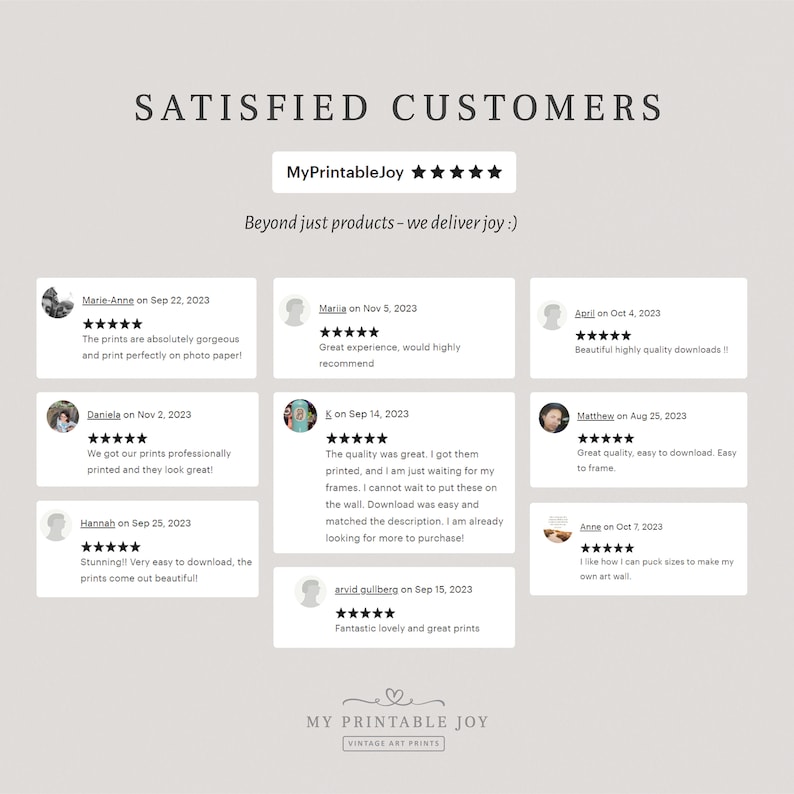 May include: A collage of customer reviews for MyPrintableJoy, a vintage art print shop. The reviews are positive and highlight the quality of the prints, ease of download, and overall customer experience.