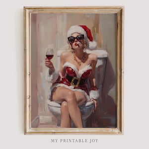 Funny Bathroom Christmas Santa Glamorous Holiday Wall Art Oil Painting Chic Bathroom Decor Wine Lover Printable Christmas Art