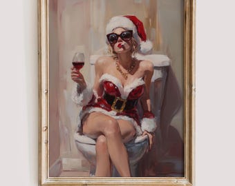 Funny Bathroom Christmas Santa Glamorous Holiday Wall Art Oil Painting Chic Bathroom Decor Wine Lover Printable Christmas Art