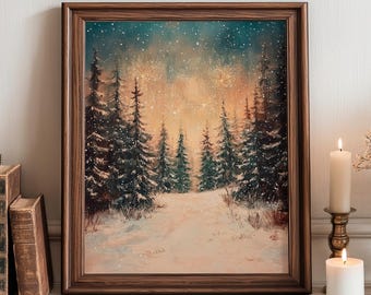 Vintage Winter Forest at New Year's Eve, Cozy Fireworks Scene, Rustic Snowy Clearing Art, Neutral New Year Wall Art, Printable Decor 628