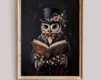 Owl with Book Whimsical Dark Academia Printable Vintage Wall Art Booklover Bookish Gift Animal Reading Decor Digital Download Artwork
