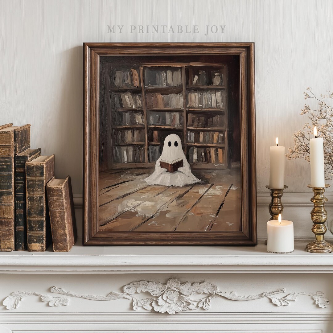 Cute Ghost in Vintage Library Painting - Whimsical Fall Decor ...