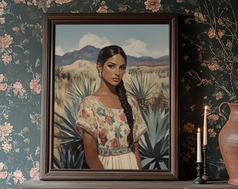 Vintage Style Portrait of Confident Latina - Rustic Oil Painting, Mexican Heritage Wall Art, Strong Woman, Printable Decor for Home 317