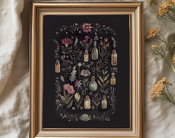 Apothecary Bottles with Magical Plants - Whimsical Witchy Wall Art, Vintage Style Printable, Dark Academia Decor, Mystic Herbal Scene 345