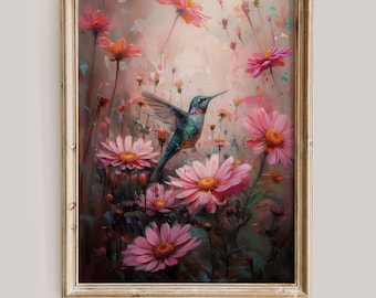 Hummingbird Wall Art | Floral Print | Trendy Spring Oil Painting | Nursery Decor | Office Wall Art | Digital Download