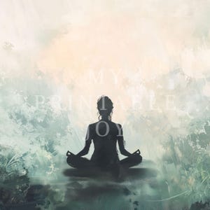 May include: A silhouette of a person sitting in a meditative pose against a light blue and white watercolor background.