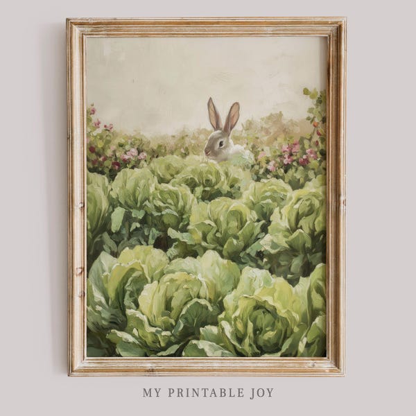 Peekaboo Cute Bunny Printable Wall Art Rabbit in Cabbage Field Nature Spring Decor Whimsical Farmhouse Animal Painting Digital Download