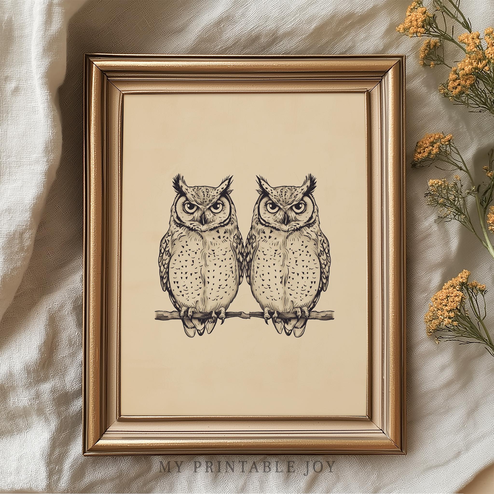 Two Whimsical Owls Sitting Together - Cute Vintage Illustration, Woodland Wall Art Printable, Rustic