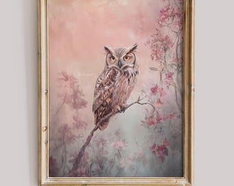 Wunderliche Eule Druckbare Wandkunst Vintage Natur Dekor Rosa Ästhetik Wald Malerei Druck Cottagecore Tier Illustration Digitaldruck