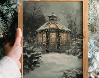 Snowy Gazebo in Winter Forest – Romantic Winter Wall Art, Vintage Holiday Painting, Cottagecore Seasonal Printable, Tranquil Decor 395