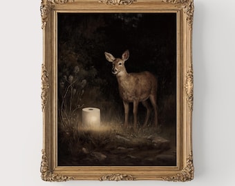 Moody Vintage Deer in Woodland Scene -Toilet Paper Bathroom Art, Fairy Style Print, Earthy Wall Decor, Funny Bathroom Printable Download 608