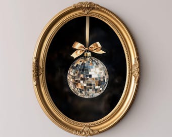 Gold Disco Ball Ornament Weihnachtswand Kunst Festliches Wohndekor Stilvolles Urlaubsdekoration druckbares Kunstwerk für glamourösen Urlaub zu Hause