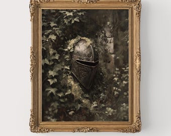 Knight’s Helmet in Ivy - Moody Medieval Wall Art, Vintage Gothic Warrior Decor, Dark Academia Printable Painting for Office 101