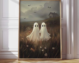Ghosts Painting, Halloween PRINTABLE Art Print, Cute Ghosts in Field, Vintage Oil Painting, Abstract Aesthetic, Dark Academia, Cottagecore