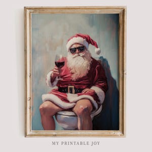 Funny Bathroom Christmas Santa Wall Art Digital Download Santa Humor Festive Holiday Decor Wine Lover Bathroom Print