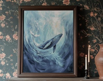 Moody Ocean Whale Printable Art - Serene Nautical Decor, Wildlife Animal Illustration, Coastal Blue Tones, Digital Wall Art Download 834