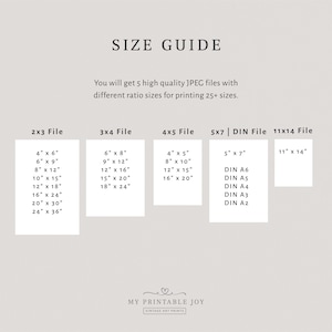 May include: A size guide for printable art prints, showing different aspect ratios and sizes in inches, including 2x3, 3x4, 4x5, 5x7, and 11x14. The guide also includes DIN sizes for 5x7 prints.