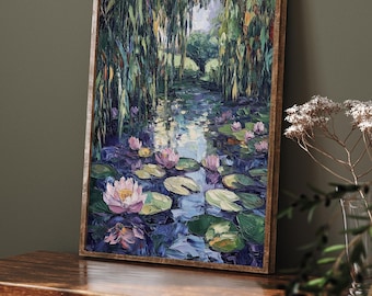 Printable Cottage Garden Pond Painting - Romantic Water Lilies & Moody Light, Serene Wall Art, Cottagecore Decor, Digital Download 787