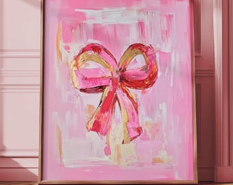 Printable Romantic Heart Ribbon Bow Art - Bold Impasto Style, Pink & Gold Decor, Modern Love, Abstract Valentine Wall Art Download 694