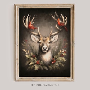 Winter Hirsch Vintage druckbare Kunst | Kardinal-Denkmal Kunst | Bauernhaus Winter Dekor | Digitaler Download | Ästhetischer Weihnachtsdruck