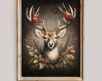 Winter Deer Vintage Printable Wall Art | Cardinal Memorial Art | Farmhouse Winter Decor | Digital Download | Aesthetic Christmas Print