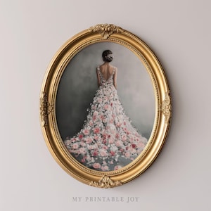 Floral Wedding Dress Wall Art Print Romantic Bridal Vintage Painting Artwork for Weddings, Roses Home Decor and Nature Art Lovers