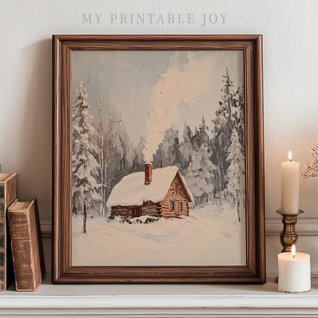 Cozy Snow-covered Cabin in Pine Forest - Vintage Winter Wall Art ...