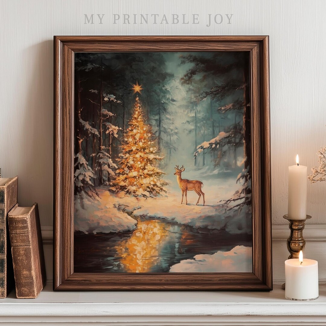 Vintage Deer by Glowing Christmas Tree - Cozy Winter Village Scene ...