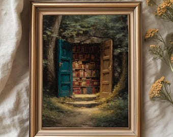 May include: A framed print depicting a forest scene with a path leading to a doorway. The doorway opens to a library filled with books. The door on the left is teal, and the door on the right is brown. The frame is gold, and the text "MY PRINTABLE JOY" is at the bottom.