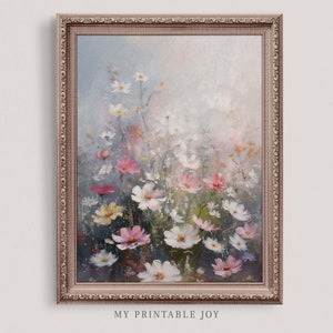 Printable Wildflower Field Art Landscape Vintage Print Spring Painting Neutral Farmhouse Pink Wall Art Digital Download S001