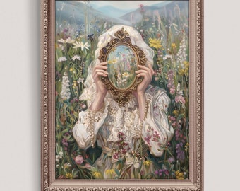 Victorian Reflections: Dreamy Meadow Portrait, Antique-Style Woman with Mirror, Vintage Floral Wall Art, Moody Victorian Decor Print S008