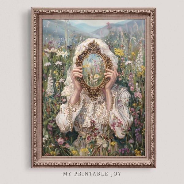 Victorian Reflections: Dreamy Meadow Portrait, Antique-Style Woman with Mirror, Vintage Floral Wall Art, Moody Victorian Decor Print S008