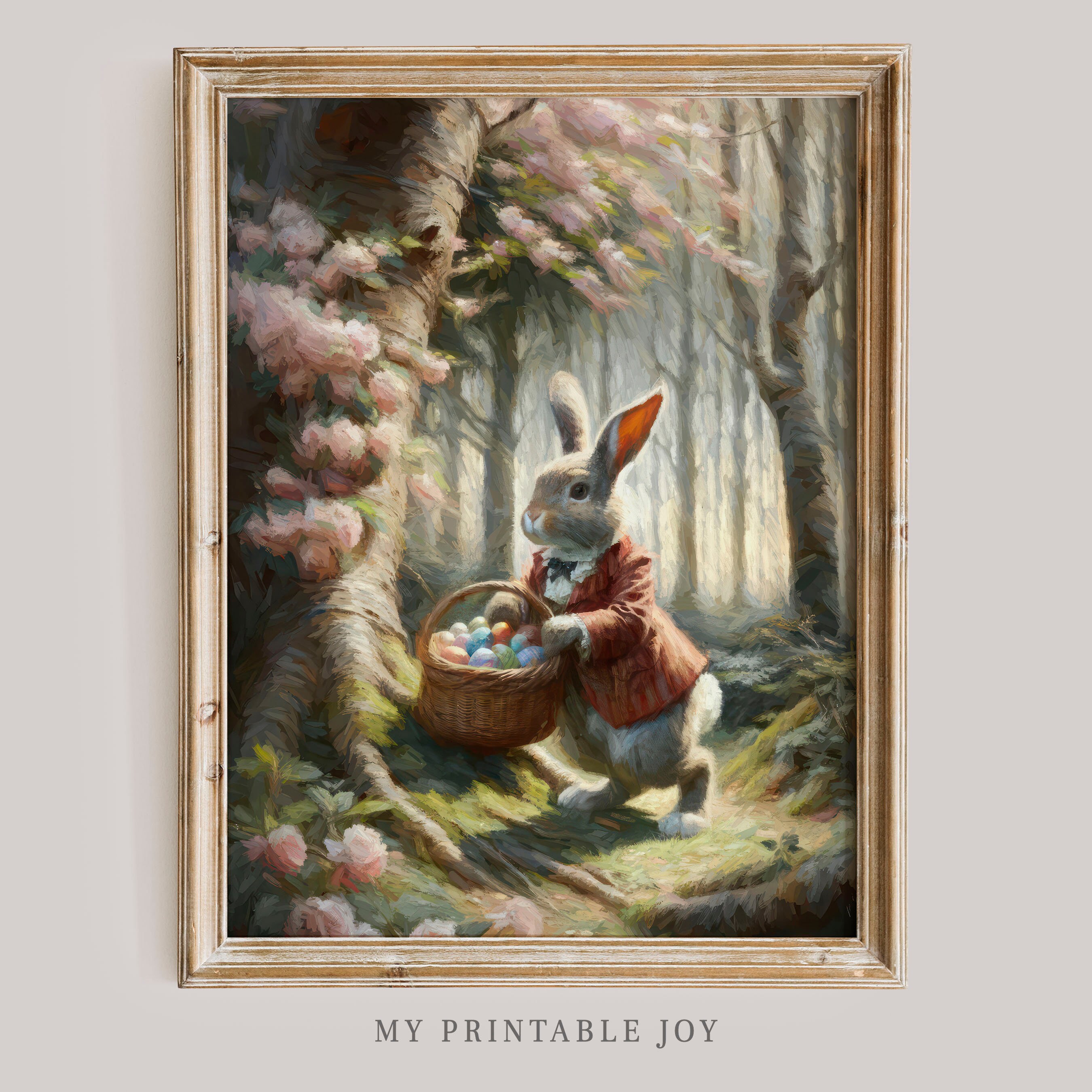Printable Vintage Easter Rabbit Painting | Cherry Blossom Art | Antique ...